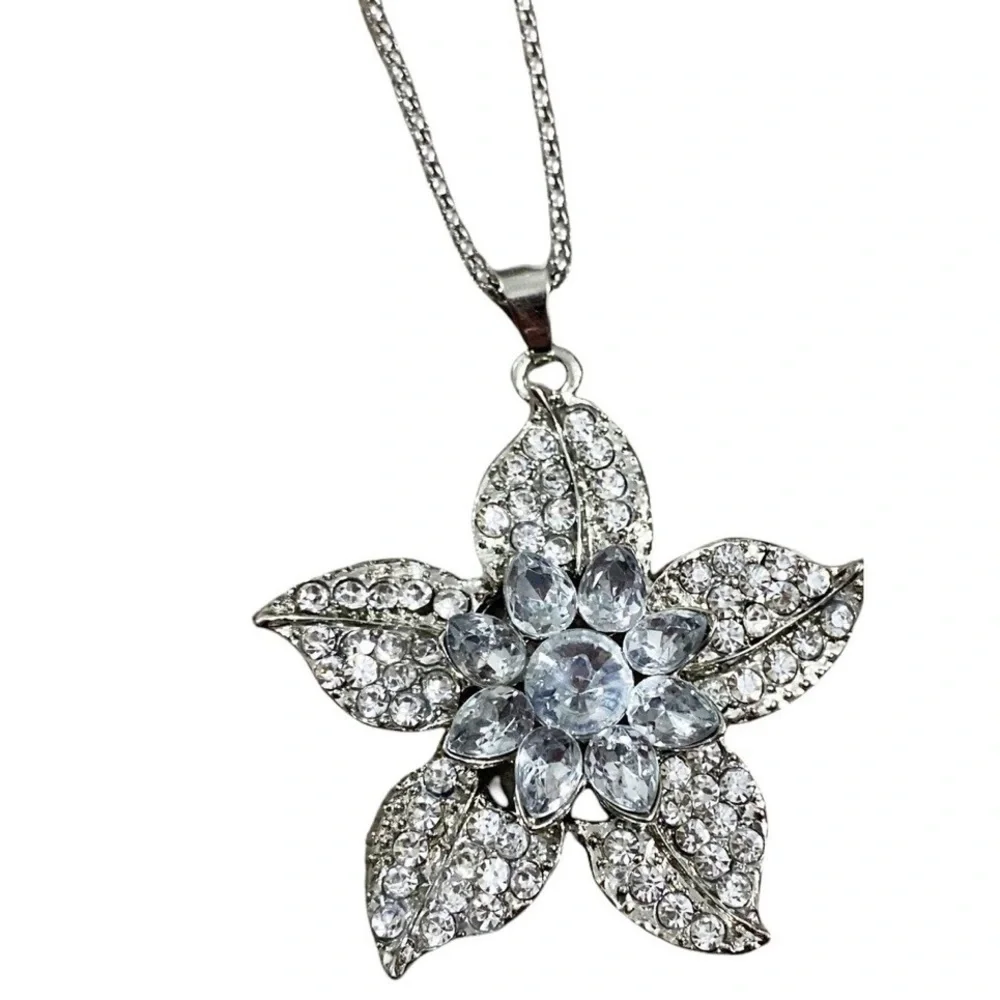 Betsey Johnson | NWT Large‎ Rhinestone Flower Silver Tone Statement Necklace